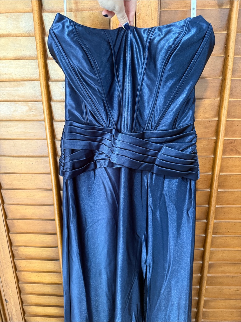David's Bridal Strapless Navy Satin Gown with Pleated Waist